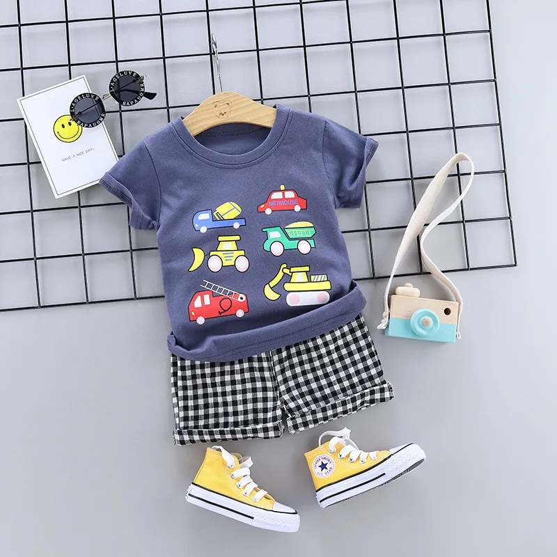 

Summer 2019 Baby Kids 0-3year For boys cute short sleeve cartoon car t-shirt tops+baby plaid shorts 2pcs Clothes Set C2629