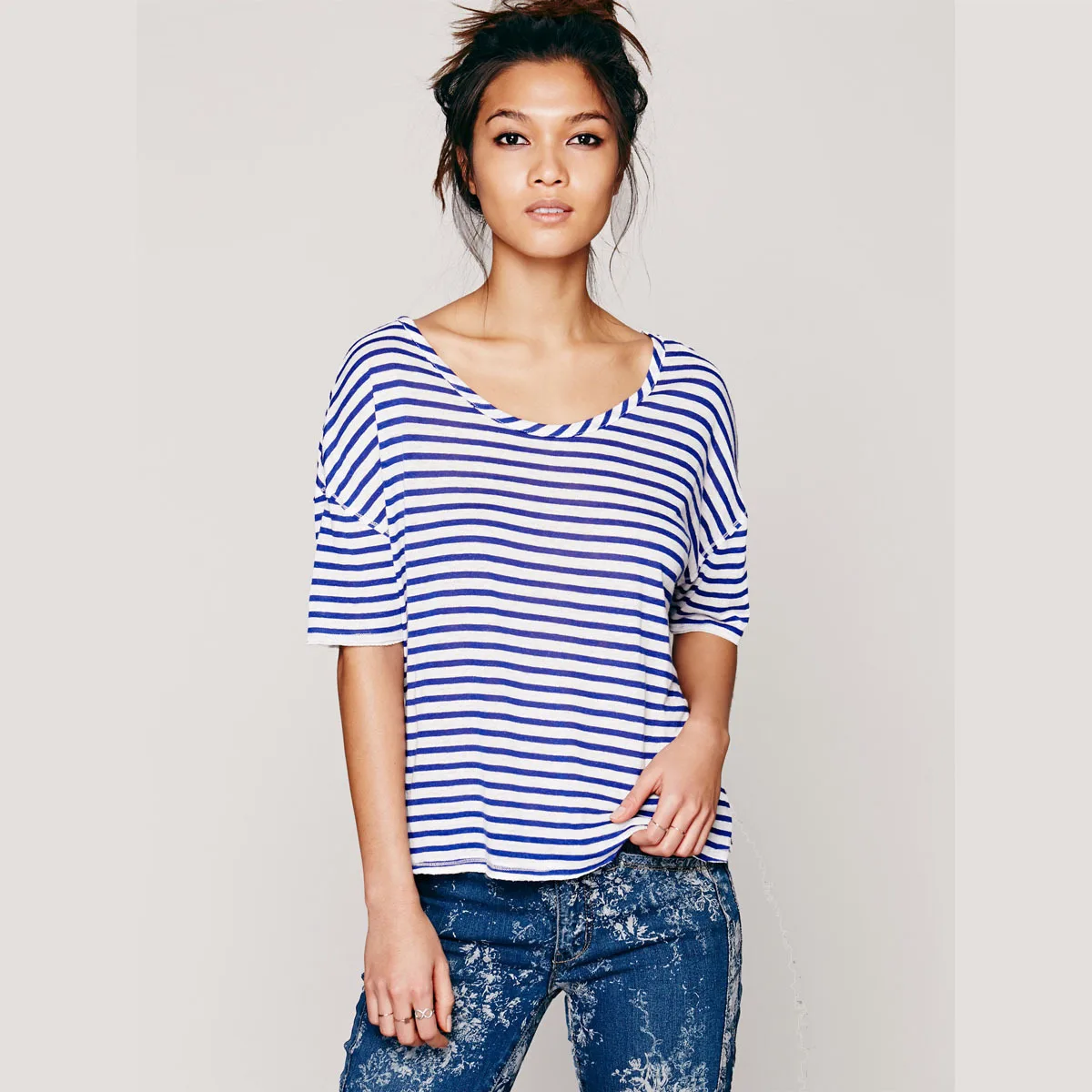 Navy blue and white striped T shirt wide shoulder tee loose women back ...