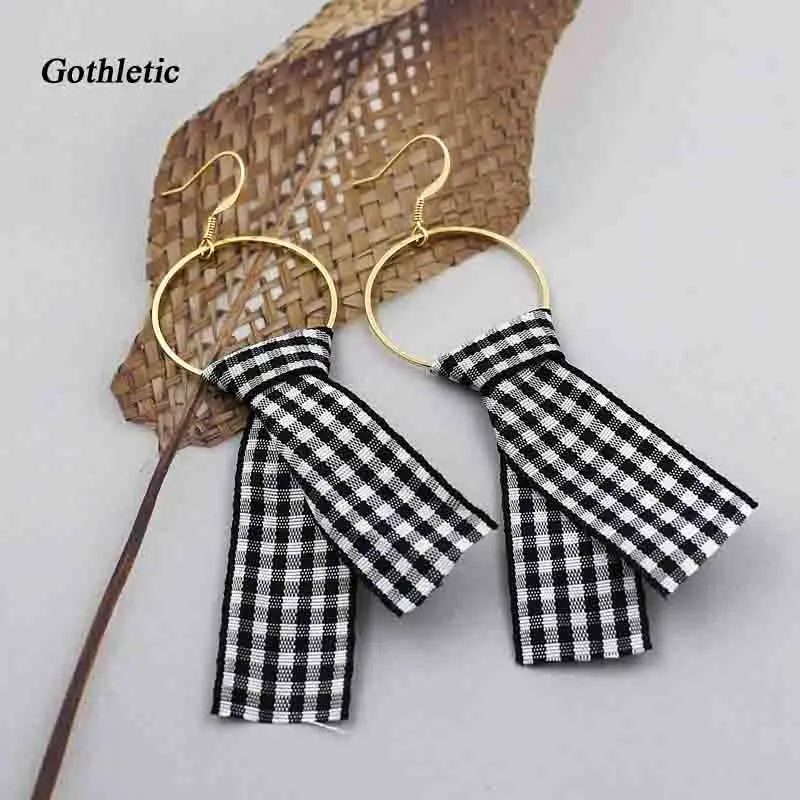 

Gothletic Fashion Women Spring Gingham Print Ribbon Drop Earrings Circle Triangle Cut Out Dangle Earrings Geometric Jewelry