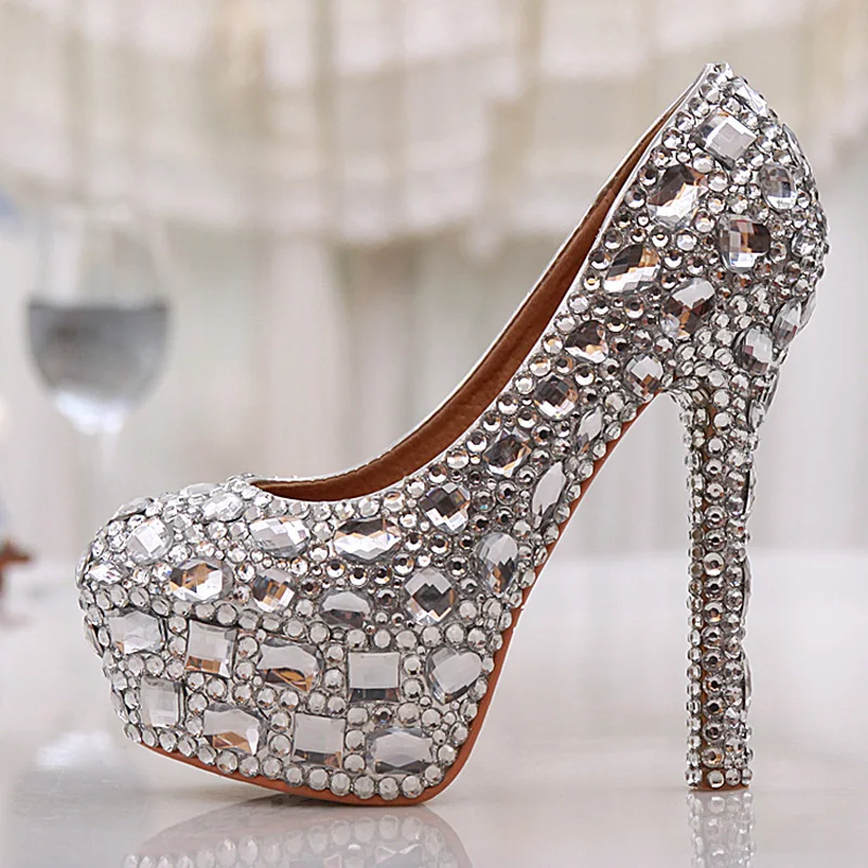 Модные Серебристые вечерние, Свадебные туфли, туфли для выпускного вечера со стразами роскошные полный кристалл свадебные на высоком каблуке туфли-лодочки для ночного клуба