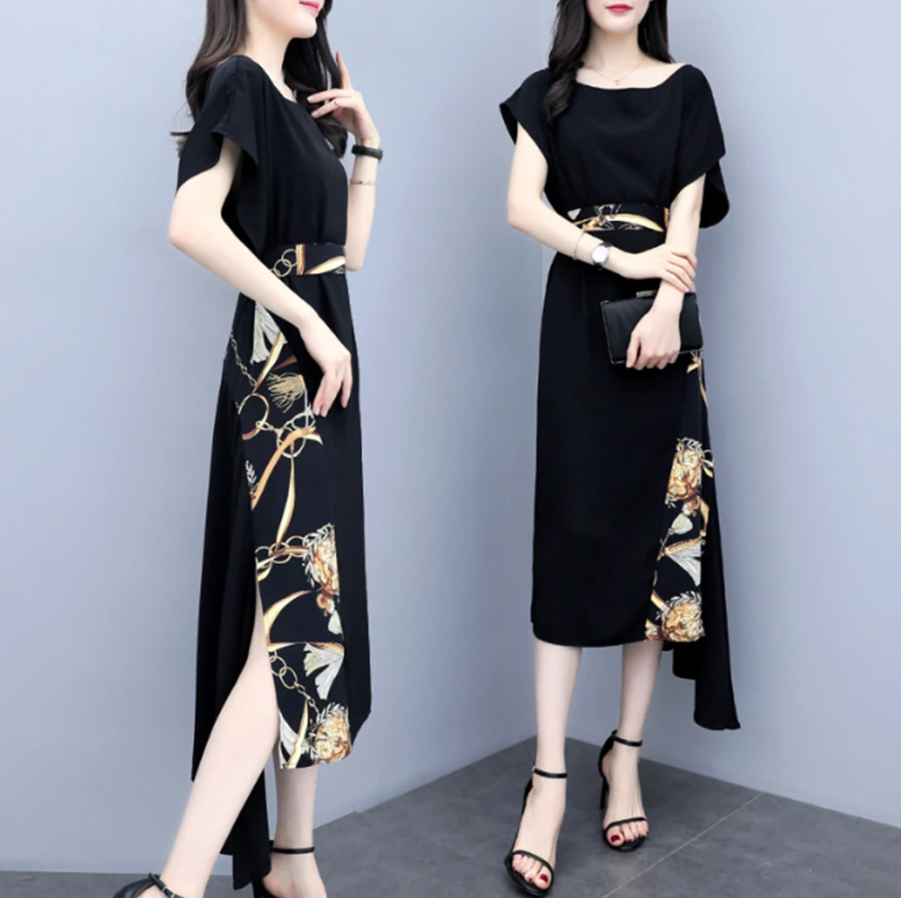 

Spring and summer new style waist fashion chiffon print dress Loose large size dress Temperament stitching irregular dress