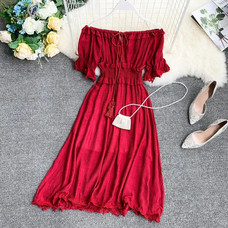 

2019 new fashion women's dresses slash neck strapless shoulders short-sleeved waist slimming seaside holiday red dress