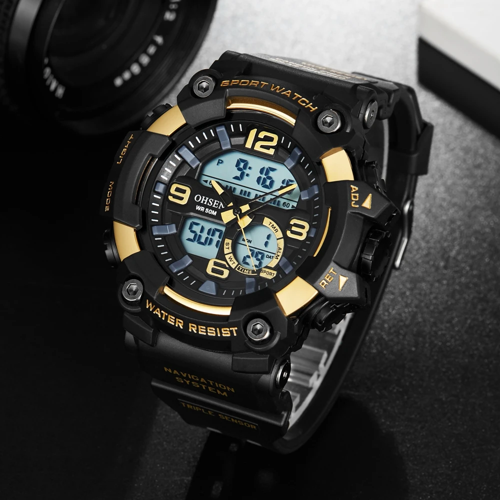 

2019 NEW OHSEN Digital Quartz Sport Men Wristwatch Gift 50M Waterproof Blue Diving Army Gold Silicone Watch relogio masculino