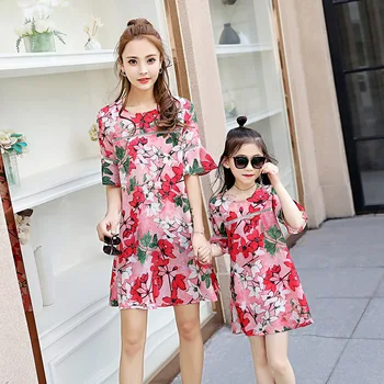 

Summer Girls Floral Printed Elegant Pink Princess Dress Family Matching Outfits Mother Daughter Clothes Leisure Dress