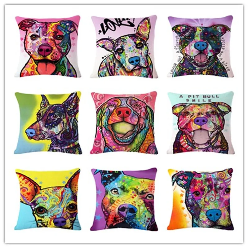 Animal Series Cartoon Style Throwpillow Decor Cushion Linen Cotton Colorful Dog Printed Pattern Throw Pillow Cushion Home Decor