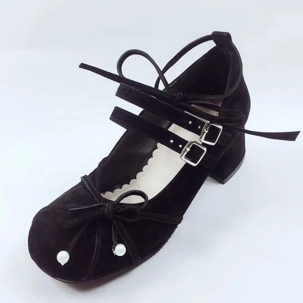4.5cm-High-Heels-Pleuche-Black-Bow-Crossed-Straps-Pumps-Lolita-Heel-Shoes-Princess-Girl-Sweet-Lolita-Cosplay-Party-Shoes- 4
