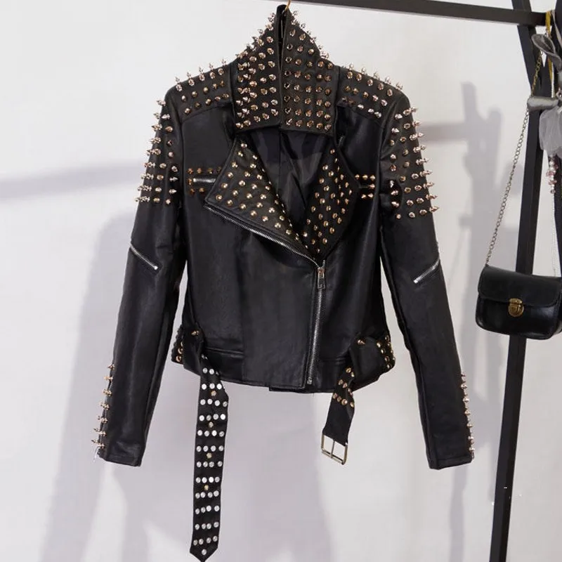 Женская куртка из искусственной кожи в стиле панк с заклепками и шипами; мотоциклетная кожаная куртка из искусственной кожи с шипами; уличная одежда с поясом; Casaco Feminino Top