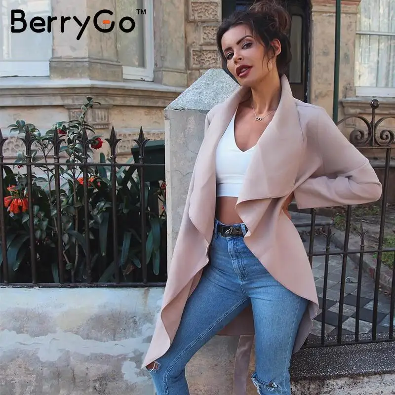

BerryGo Warm turndown collar jacket coat Women ruffled belt black long winter coat Autumn overcoat female pink outerwear