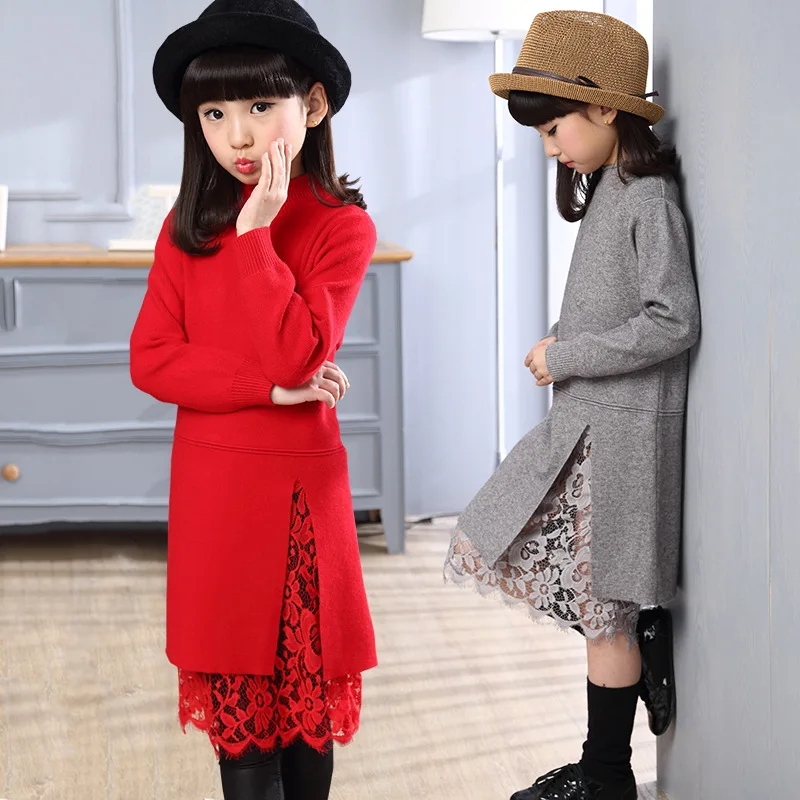 

2018 New Winter Girls Lace Dress Kids Sweater Dress Baby Girl Sweater Children Top Sweater Fashion Toddler Long Kinitted,#3728