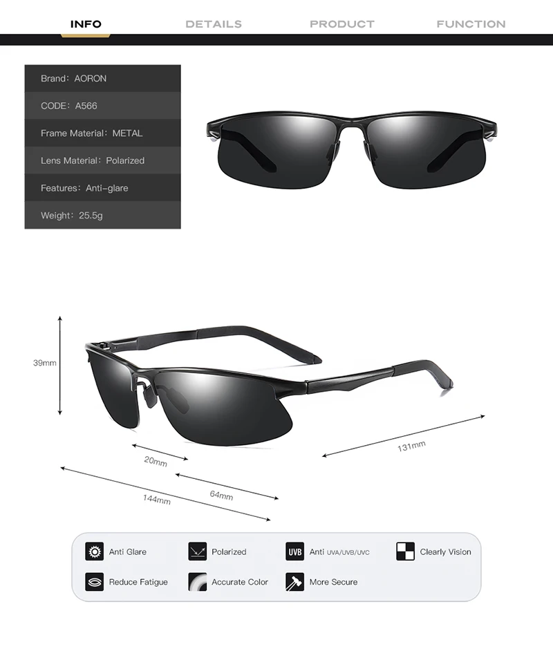 AORON Мужские поляризационные солнцезащитные очки спортивные прямоугольные очки алюминиево-магниевая оправа UV400 Солнцезащитные очки