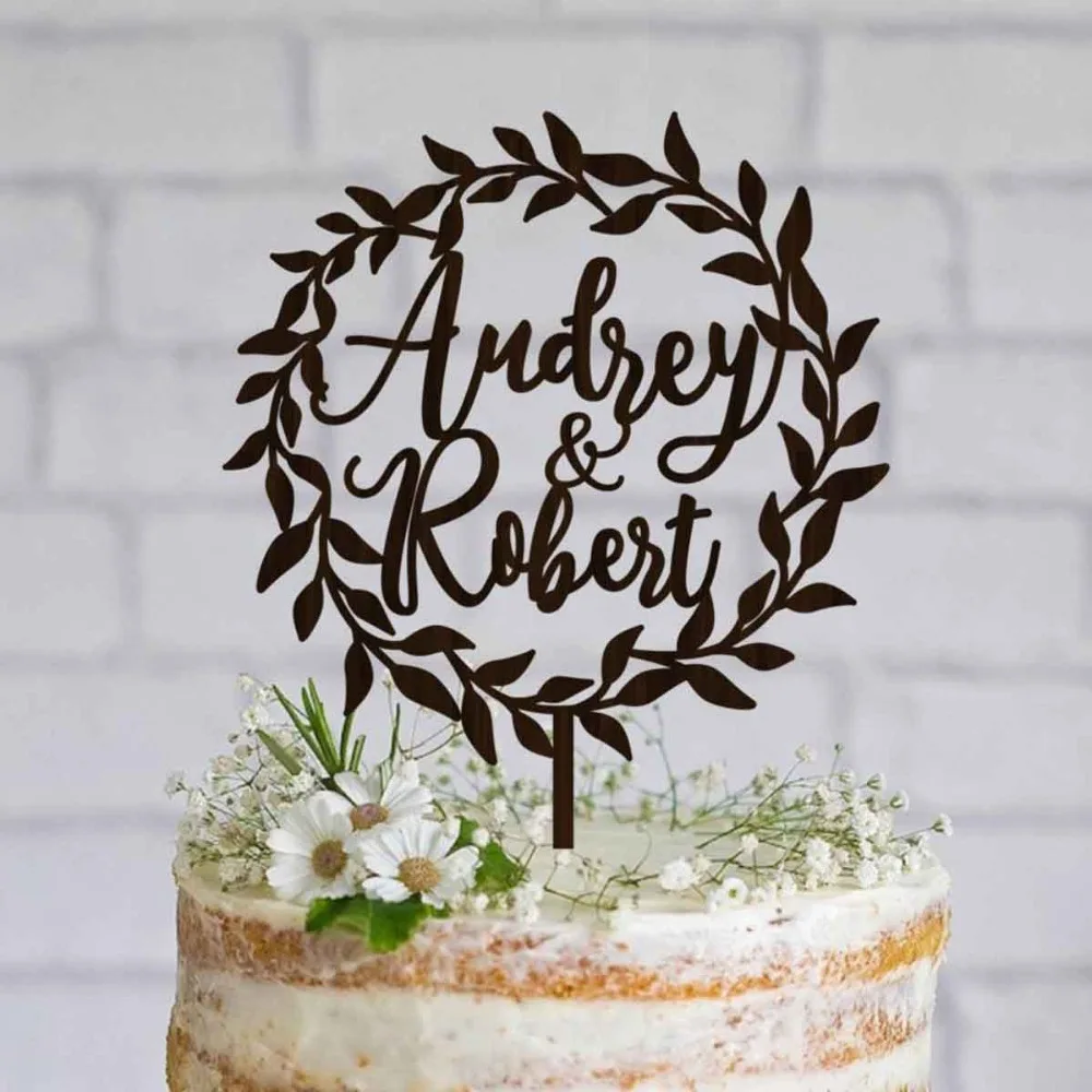 Personalised Wedding Cake Topper Rustic Wreath Cake Topper With Last Name Customized Gold Wood Silver Wedding Cake Topper (2)