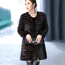 Winter Women s Overcoat Real Knitted Mink Fur Coat Jacket O Neck Black Brown Stripe Ladies