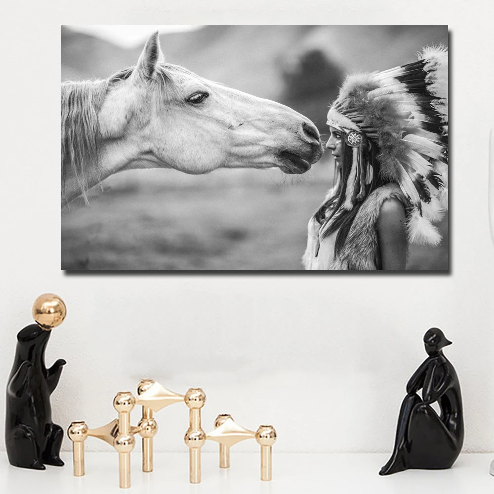 Black White Canvas Painting Native American Indian Nordic Feather Wall