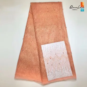 

Beaded Embroidered African Lace Fabric With Flash Powder Peach Nigerian French Tulle Mesh Fabric India Beads Net Lace Material
