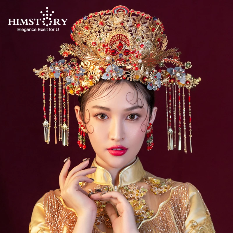 Himstory роскошный китайский стиль Феникс Принцесса Свадебная Корона для волос винтажные китайские золотые повязки на голову свадебные аксессуары для волос