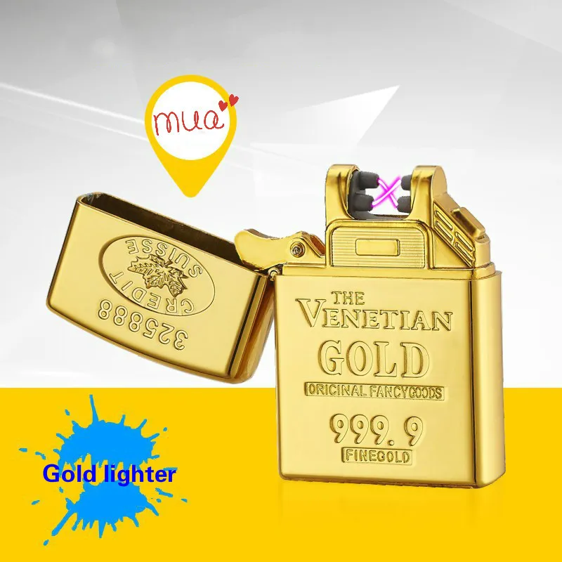 Gold font b USB b font Rechargeable Lighter Windproof Cigarette Arc Plasma Flameless Electric Fashion Plasma