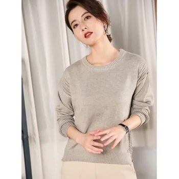 

BARESKIY19 spring new ladies hollow long-sleeved round neck split fork fashion wool sweater bottoming shirt sweater sets short