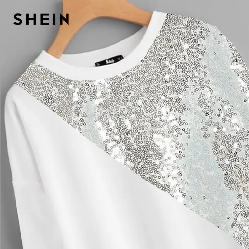 SHEIN الأبيض زائد حجم قطرة الكتف Preppy نمط غير المتكافئة الترتر لوحة المرأة البلوز طويلة الأكمام الخريف عارضة البلوفرات