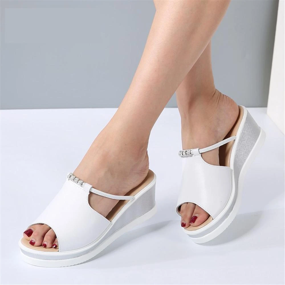 2018 mujeres zapatillas Sandalias cuñas de cuero plataforma Peep toe cristal elegante mujer zuecos zapatos de verano|Sandalias de mujer| - AliExpress