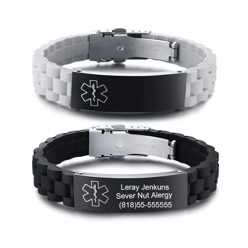 

Free Engraving Medical Alert ID Bracelet Sport Silicone Persoanlzied ICE Message DIY Length For Men And Women Children