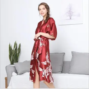 

Silk Satin Wedding Bride Bridesmaid Robe Floral Nightgown Women's Mid-Sleeve Long Ice Silk Bathrobes Thin Plus Size Homewear