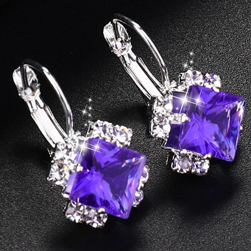 Fashion Silver Color Square Drop Earrings Purple Red Blue Black Austrian Crystal Rhinestone Earring For Women Wedding Jewelry - AliExpress