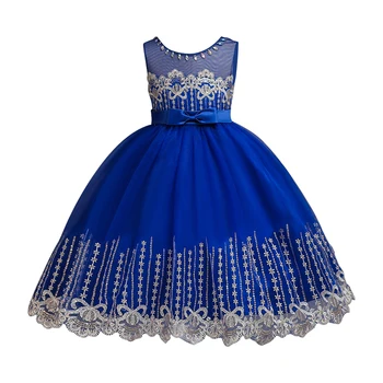 

Baby girls Clothes Fashion Blue embroidery Flower Girl Dress Wedding Party Dress 2-14 years Girls Elegant Princess Dresses
