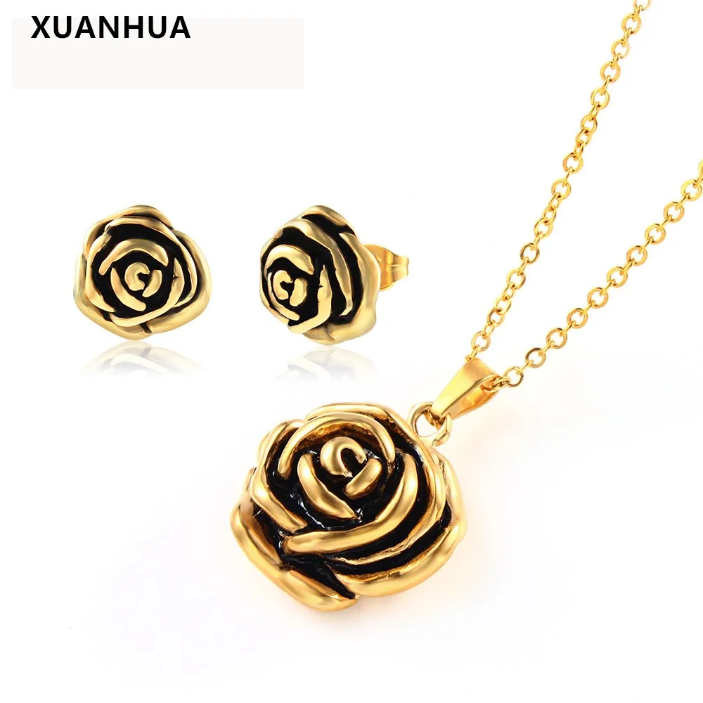 

XUANHUA Rose Flower Wedding Stainless Steel Jewelry Sets For Women Rose Dubai Jewelry Sets African Jewellery Mass Effect
