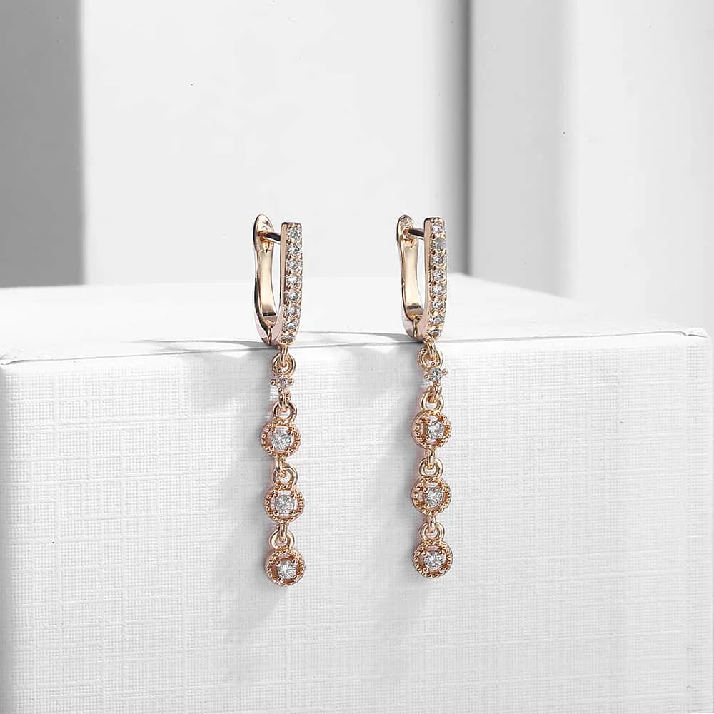 Clear CZ Tennis Drop Earrings For Women 585 Rose Gold Cubic Zircon