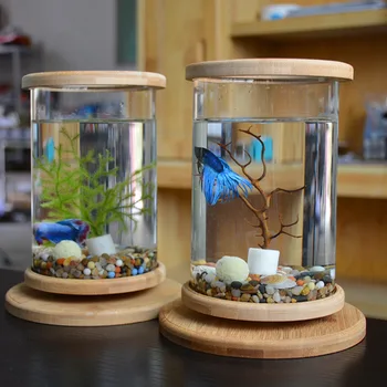 

1pcs Glass Betta Fish Tank Bamboo Base Mini Fish Tank Decoration Accessories Rotate Decoration Fish Bowl Aquarium Accessories