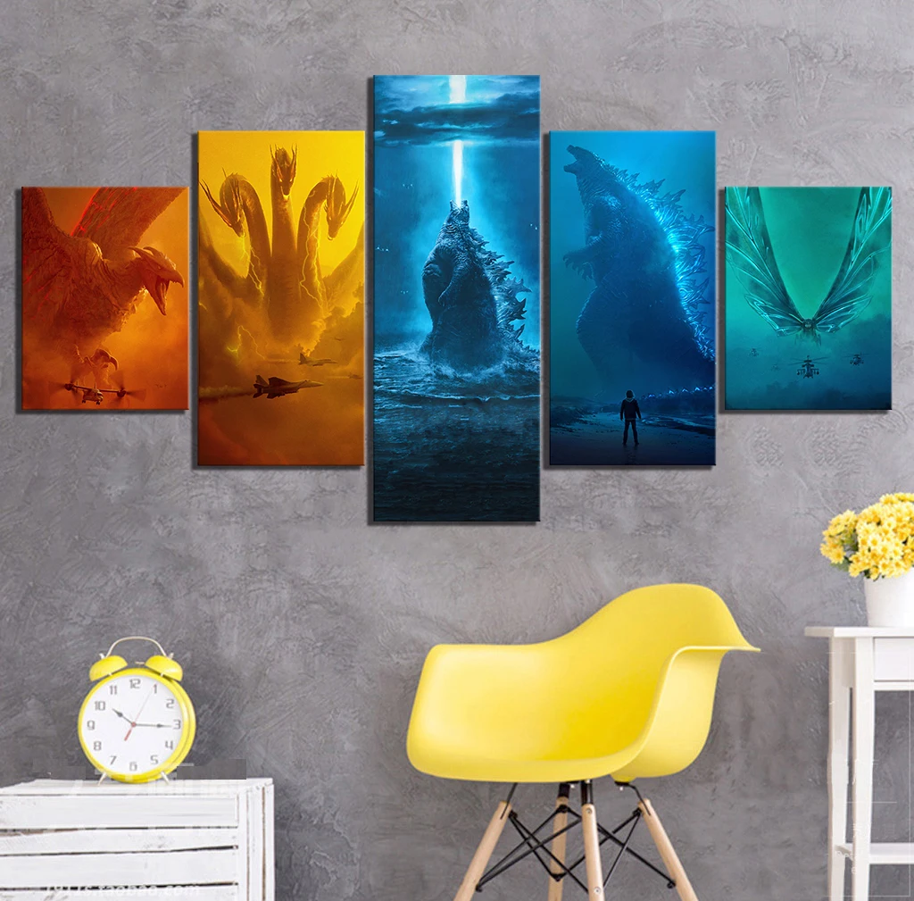

5 Piece Godzilla Ghidorah Mothra Rodan Poster Pictures Godzilla King of The Monsters Movie Poster Canvas Painting for Wall Decor