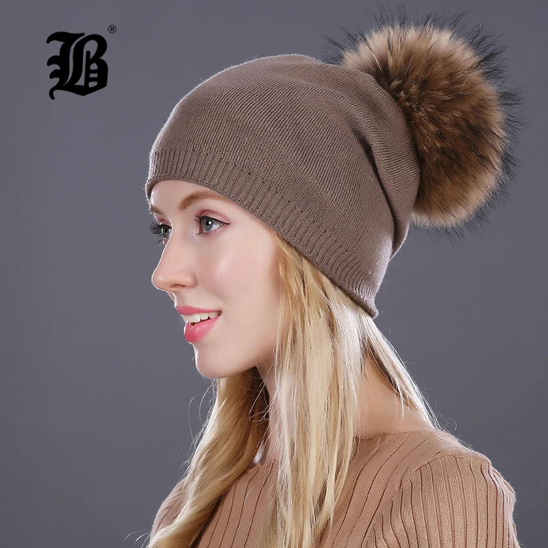 

[FLB] Autumn winter beanies knitted wool hat unisex Skullies casual cap real raccoon fox fur pompom solid colors ski gorros cap