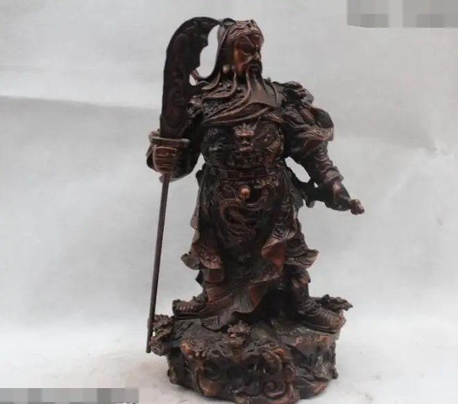 

S02825 11"China Chinese Red Bronze Stand Nine Dragon Guan Gong Guan Yu Statue B0403