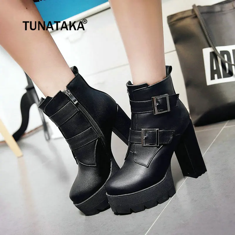 

Women Ankle Boots Thick High Heel Fashion Boots Pu Leather Platform Side Ziper Winter Ladies Shoes Black Brown Red