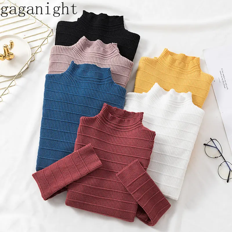 

Gaganight Elastic Sweaters Autumn Winter Knitted Women Pullovers Basic Short Pleated Stretch Tops Solid Slim Jumper Pull Femme