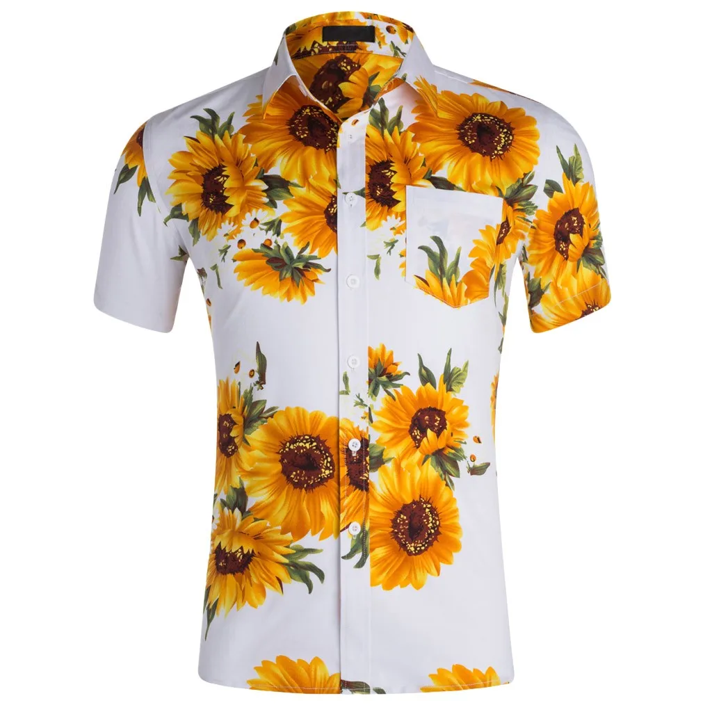 Летняя мужская блузка Гавайские рубашки с коротким рукавом плюс размер Модный 3D принт подсолнечника мужские рубашки Camisa Social Прямая c - Цвет: White
