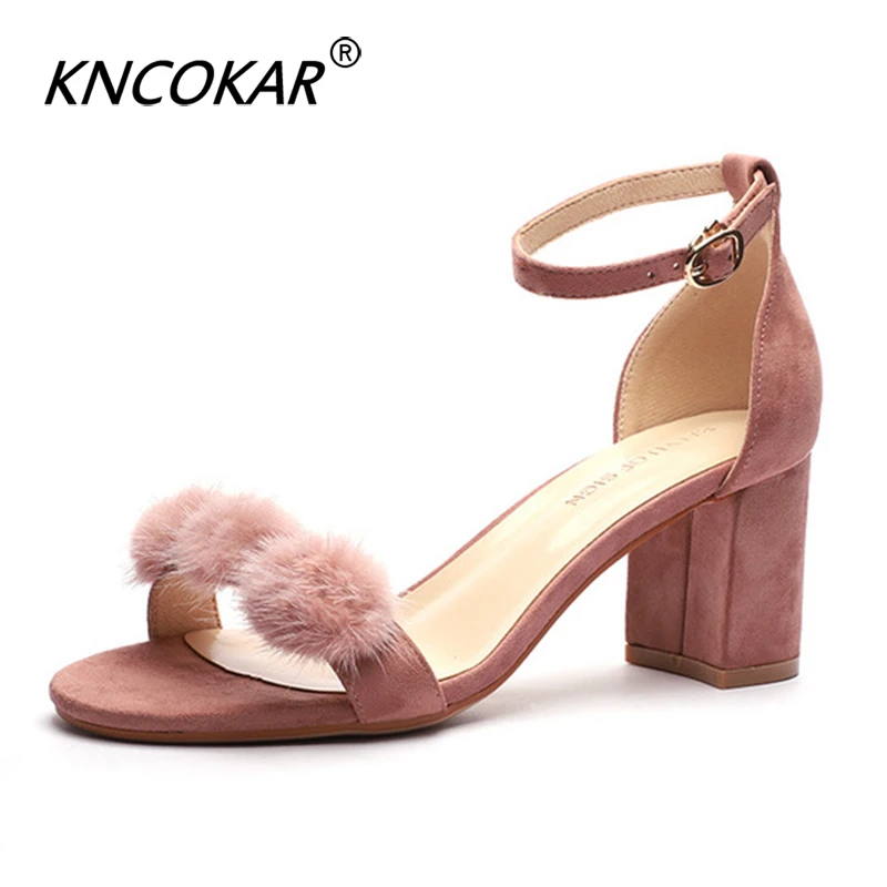 

KNCOKAR Hair Ball Sandals Female Summer High Heel Thick With Fur High Heels Plush Word With Open Toe Size 34-40 x202042