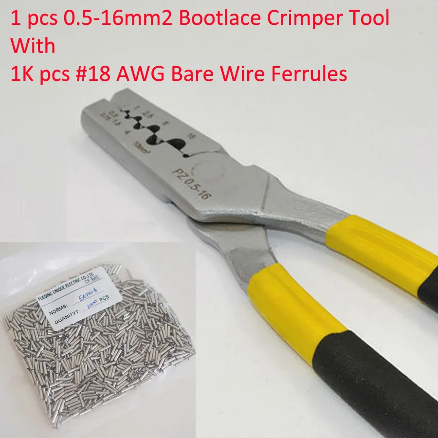 

PZ0.5-16 0.5-16mm2 Crimping Tool Bootlace Ferrule Crimper and 1K #18 AWG EN1008 Bare Bootlace Wire Ferrules