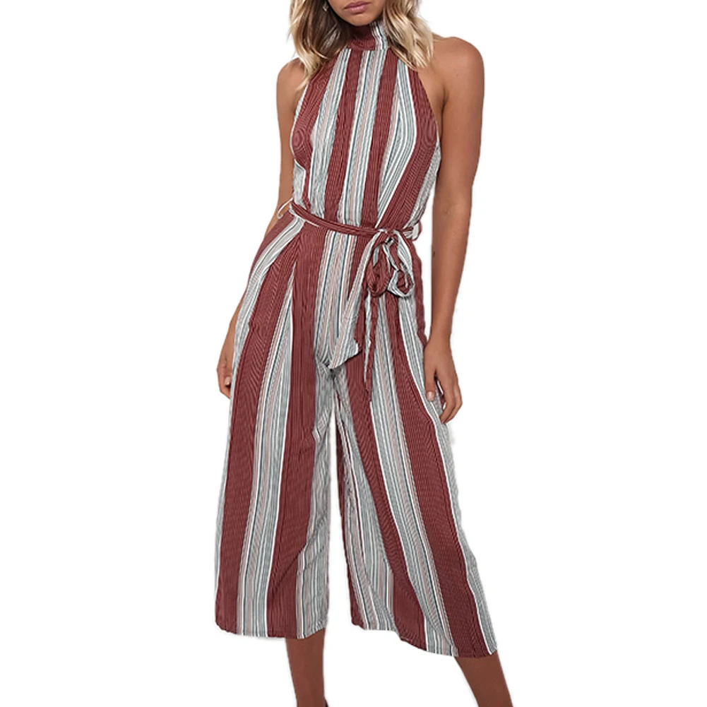 Halter Belt Stripes Sleeveless Jumpsuits