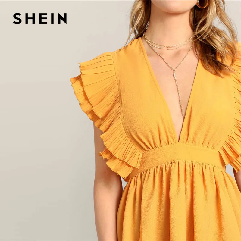 SHEIN Блузка С Глубоким V-Образным Вырезом И Оборкой Женская Летняя Желтая Сексуальная Блузка Без Рукавов