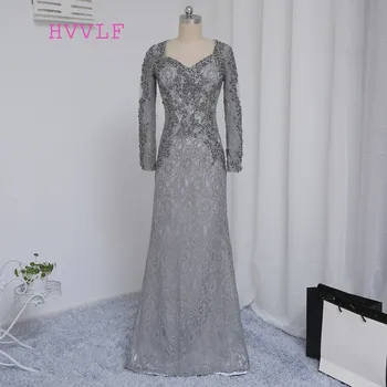 

Plus Size Gray 2019 Mother Of The Bride Dresses Mermaid V-neck Long Sleeves Lace Wedding Party Dress Mother Dresses For Wedding