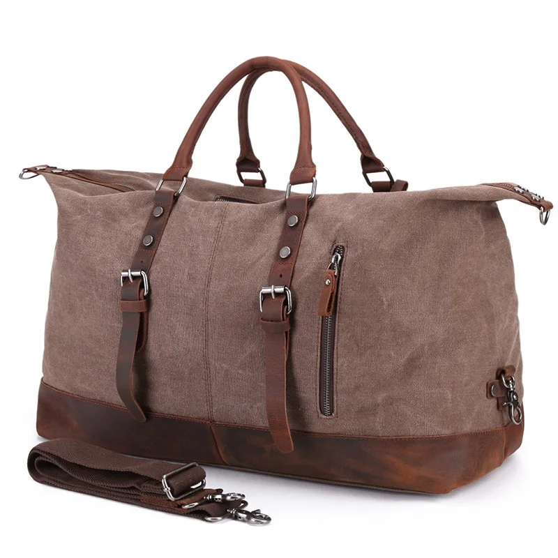 SUVOM Canvas Duffle Bag Leather Weekend Bag Carry On Travel Bag Luggage Oversized Holdalls for Men and Women Coffee spionee A-001
