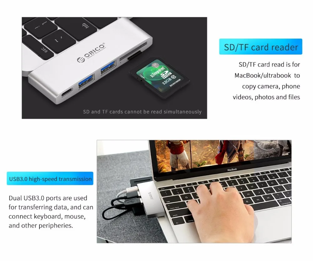 ORICO usb-хаб из алюминиевого сплава type-C концентратор USB C для HDMI/type-C/USB3.0/RJ45/PD зарядный концентратор USB3.0 концентратор