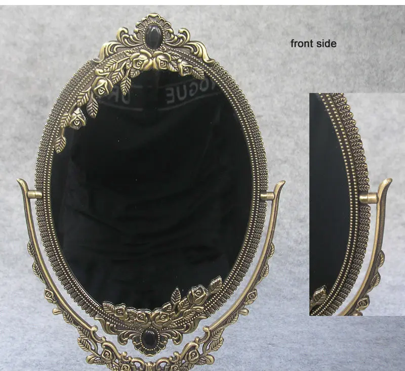 vintage embossed double face retro bronze alloy metal desktop makeup dresser decorative mirror embossed frame makeup tool 330B