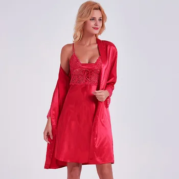 

Spring Sexy Women Lace Trim Robe Set Negligee Lingerie 2PCS Cami+Robe Home Dress Gown Nightgown Kimono Bathrobe Sleepwear Lounge
