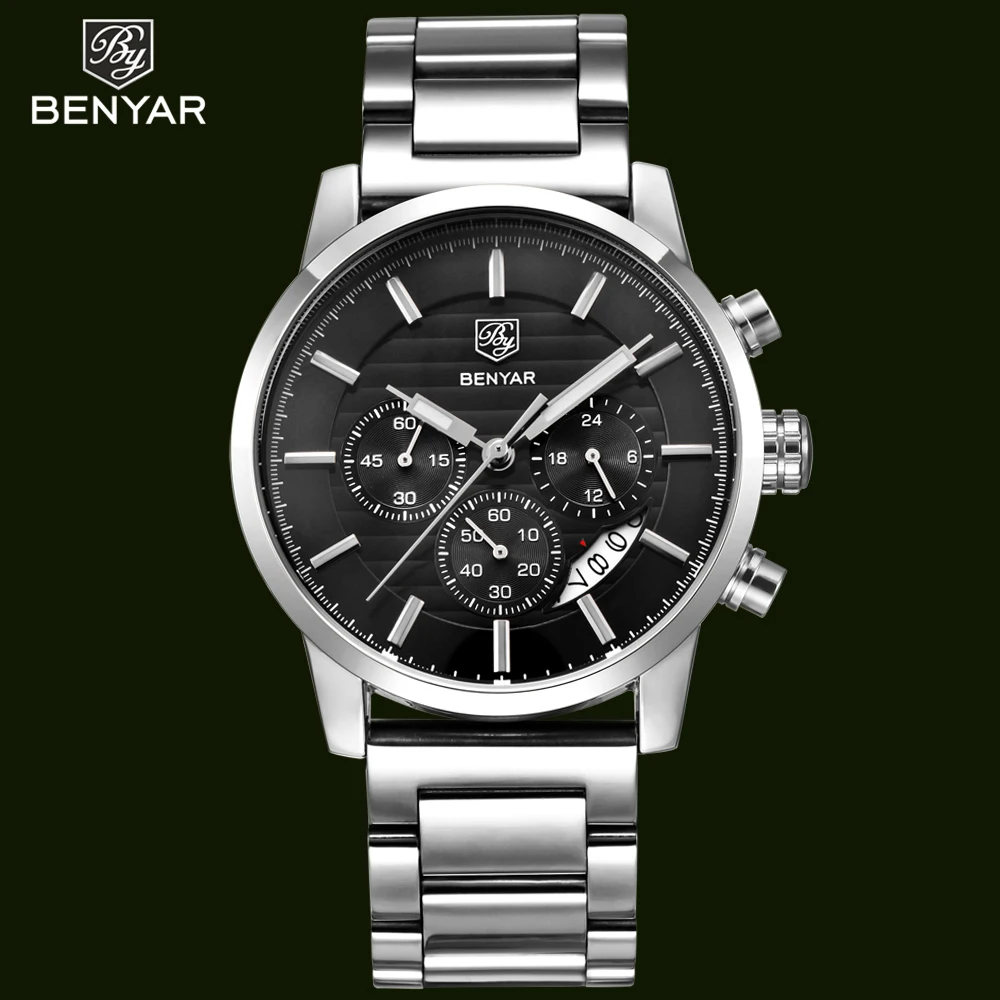 

BENYAR Luxury Brand Men Fashion Sports Chronograph watches Men's Date Quartz Clock Leather Steel Wrist Watch Relogio Masculino