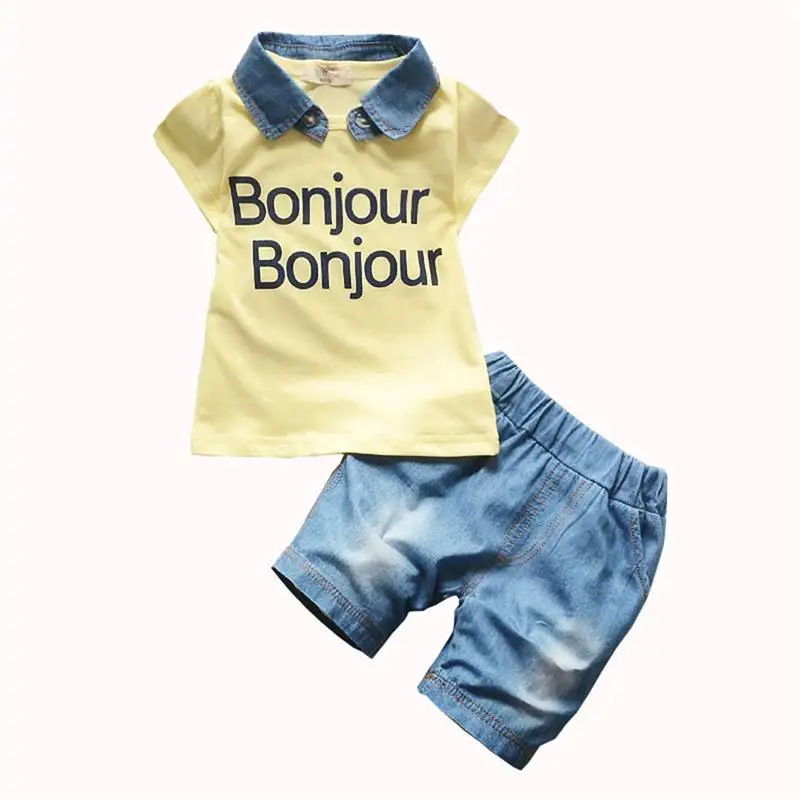

2017 baby boys summer removable denim lapel clothes suit kids letter t shirt jean shorts suit children leisure clothing sets