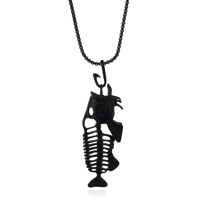 Charms Fish Bone & Fishing Hook Pendant Necklaces Shellhard Stainless Steel Hollow Fish Skeleton Bone Necklace Fashion Jewelry