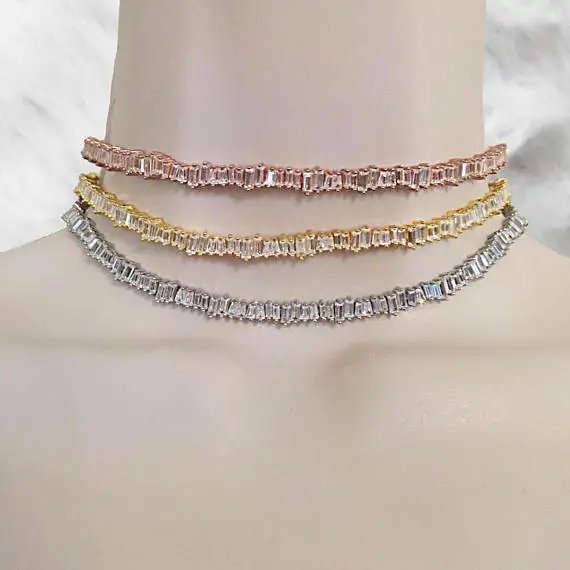 

baguette cubic zirconia tennis chain choker wedding engagement bridal jewelry sparking bling short choker necklace