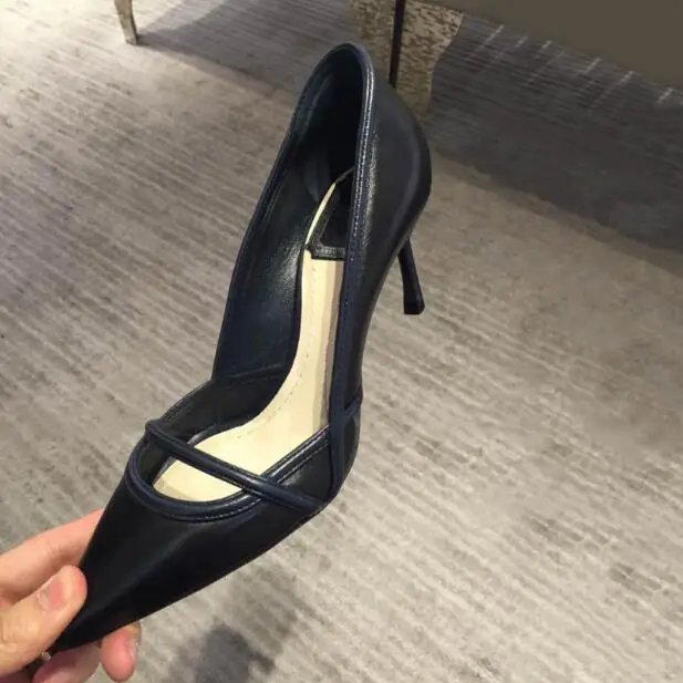 

New shallow mouth black strap color matching professional work shoes leather pointed stiletto women's shoes high heels
